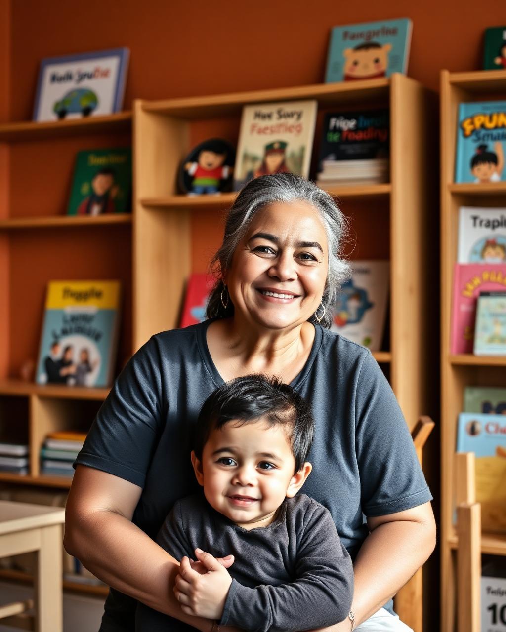 Karen Pfister, the owner of Our Nation's Children Linguistic Day Care, smiling with a young child in the reading corner