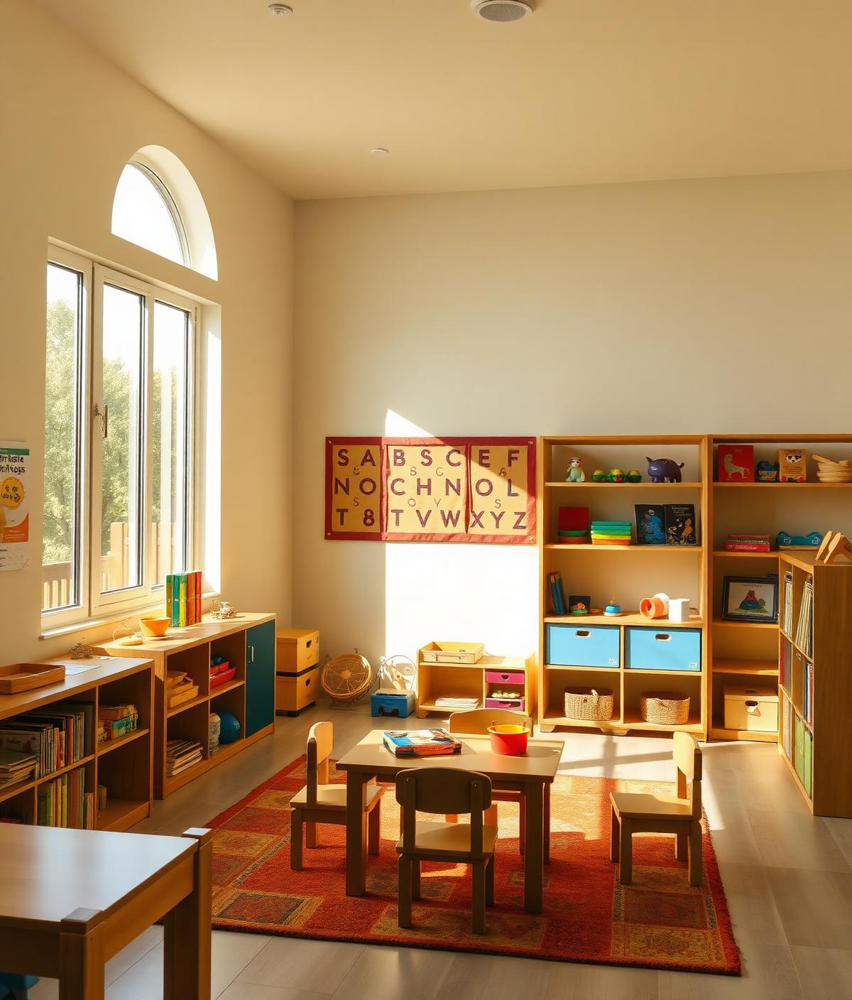 Sunlit bilingual preschool classroom at Our Nation's Children with wooden toys, colorful books, and warm natural light